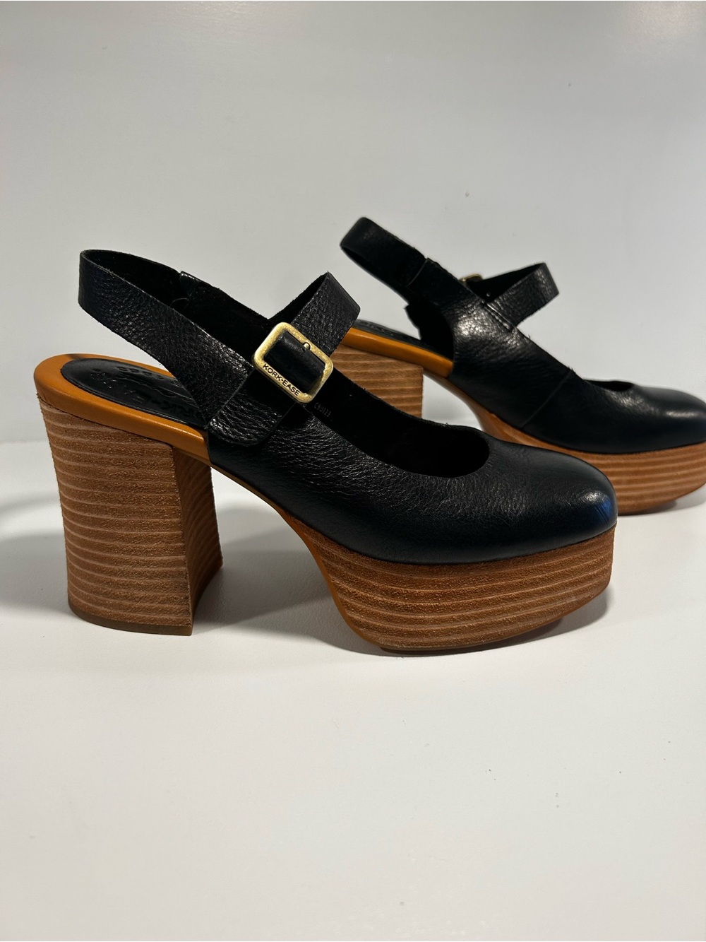 Kork-Ease Black Leather Platform Mary Jane Heels Slingback Women’s 6M